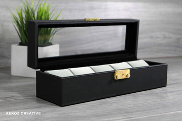 black leather watch box custom engraved holds 5 watches with grey suede pillows